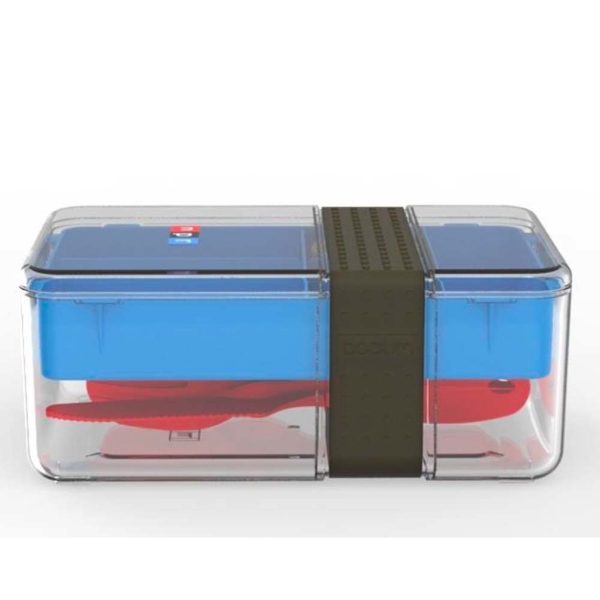 Clear, blue and red lunch box