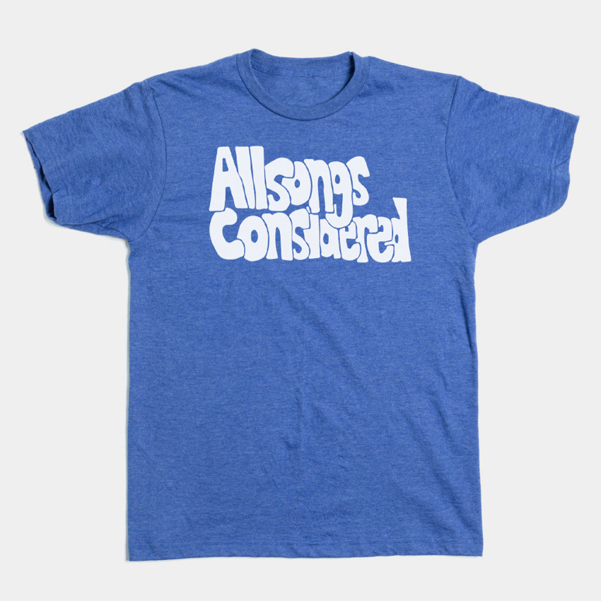 Blue tee with white All Songs Considered logo on front