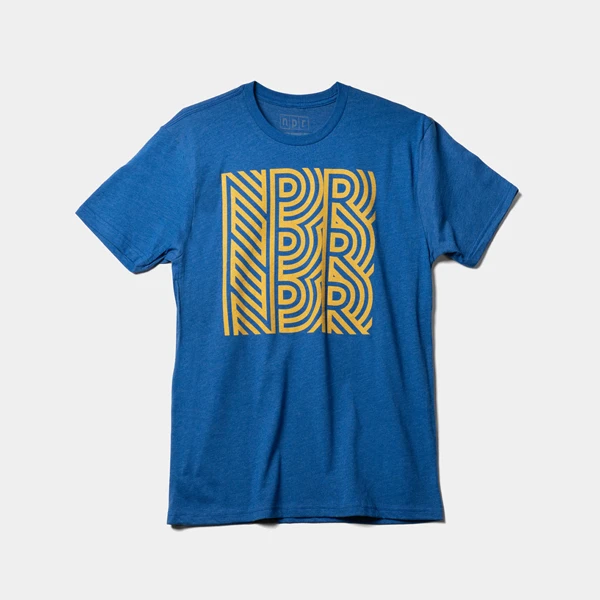 90's Retro-look heathered blue t-shirt front with classic NPR square imprint in yellow on the front