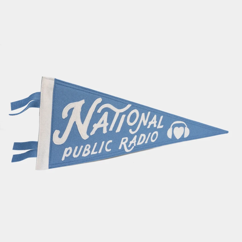 Blue pennant flag with white NPR design