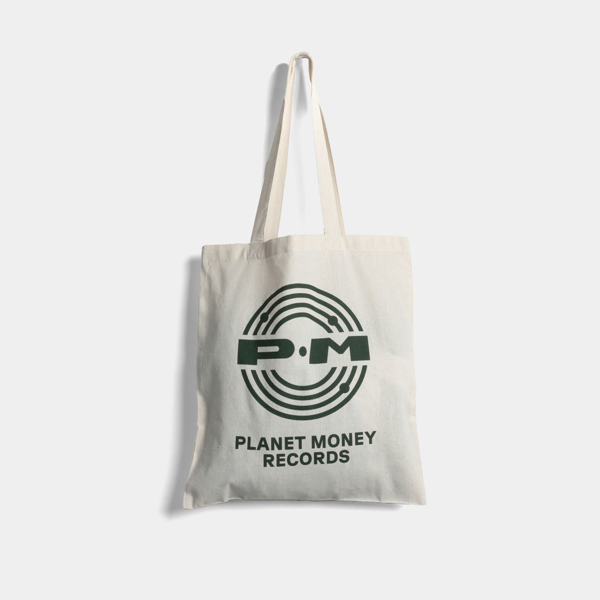 Tan tote with green Planet Money design