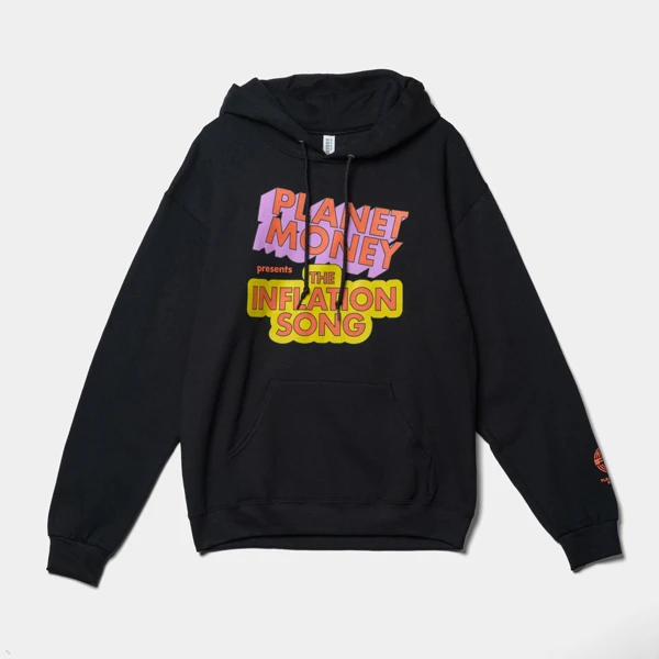 Black hoodie with yellow and pink Planet Money design