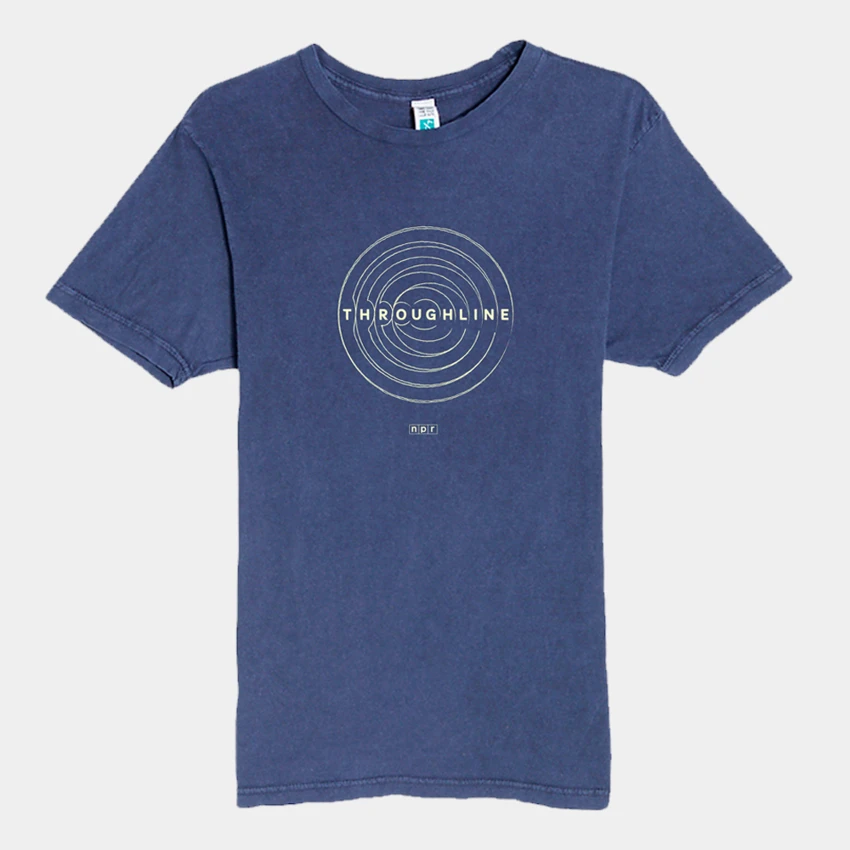 Image of the front of a vintage denim short sleeve tee with a Throughline podcast design on it, including the npr logo