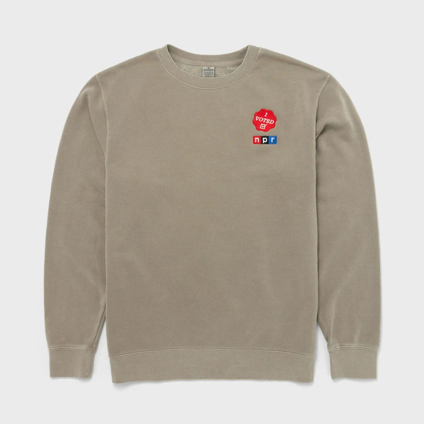 Tan Crewneck with I voted on the left chest and the NPR logo