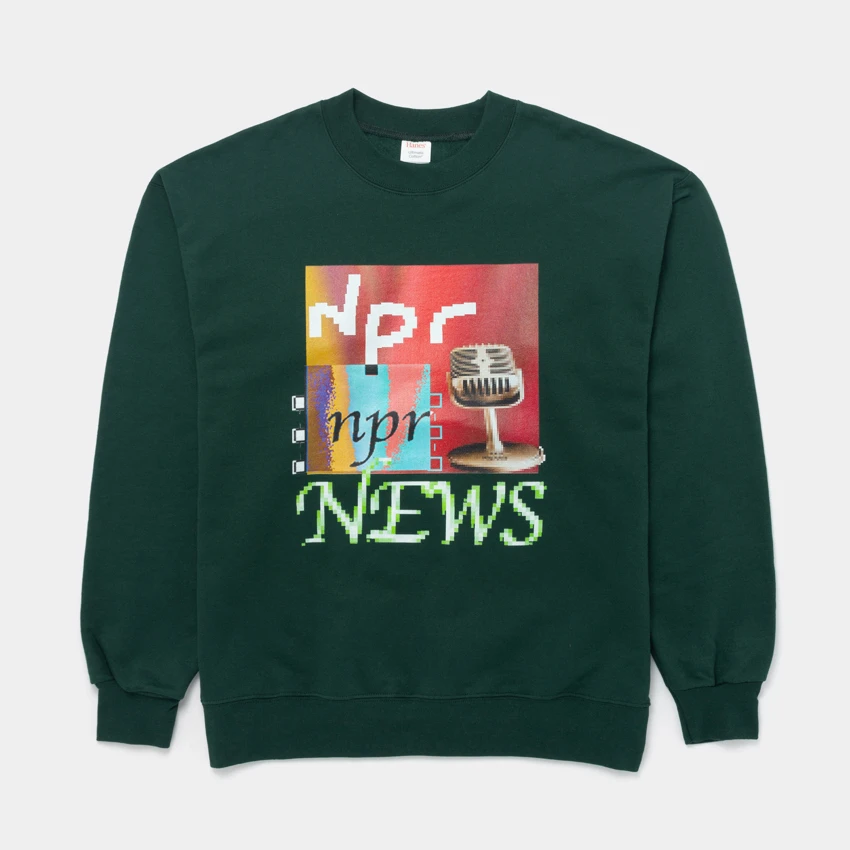 Forest green crewneck with a TikTok inspired design and the NPR logo