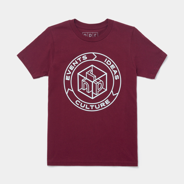 Youth maroon t-shirt with ideas, events, cultures signage and the npr logo