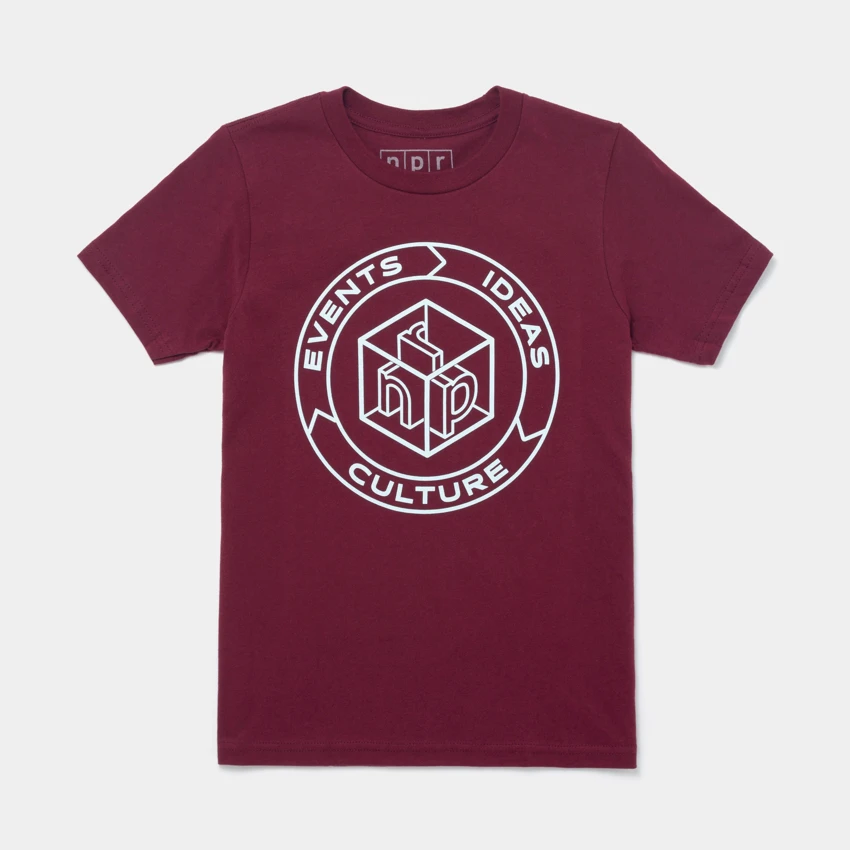 Youth maroon t-shirt with ideas, events, cultures signage and the npr logo