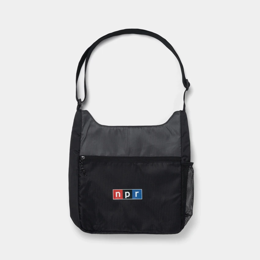 Grey and black recycled zippered tote with a npr logo