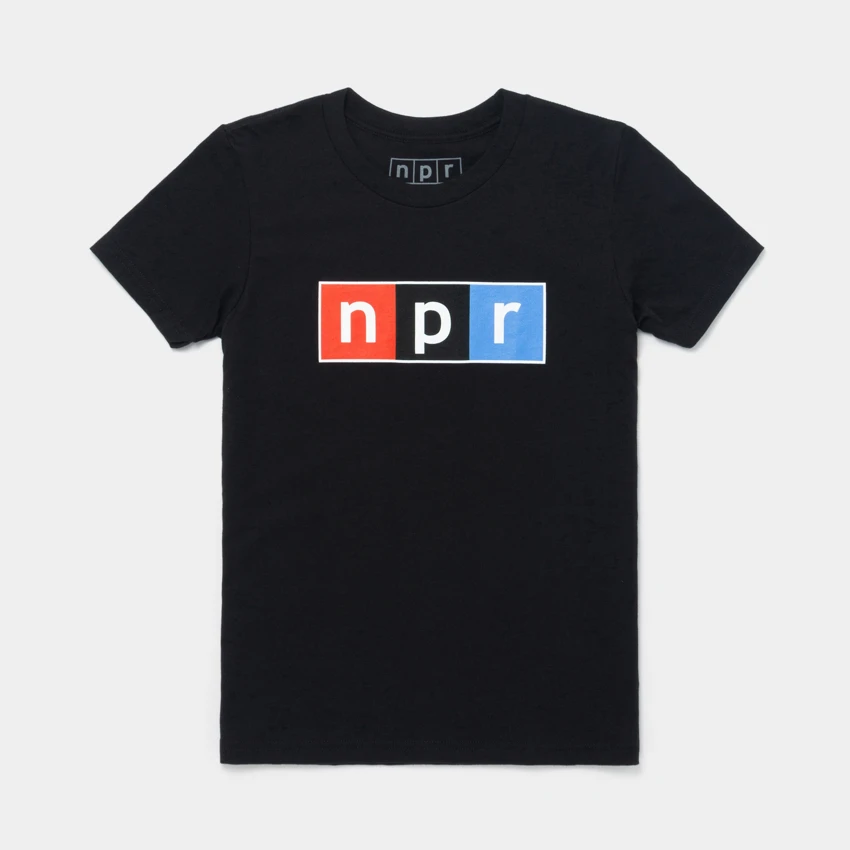 Youth black t-shirt with a npr logo