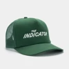 Green trucker hat with a mesh back and the indicator podcast logo