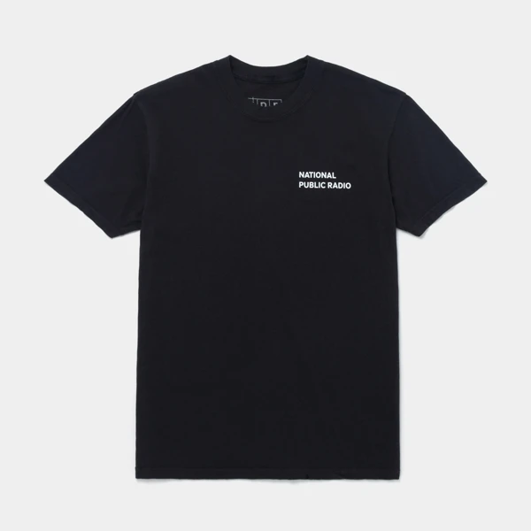 Black t-shirt with national public radio logo and block art design