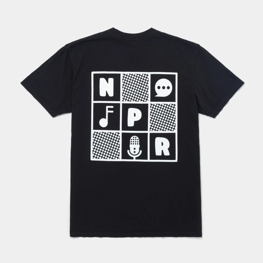 Black t-shirt with national public radio logo and block art design