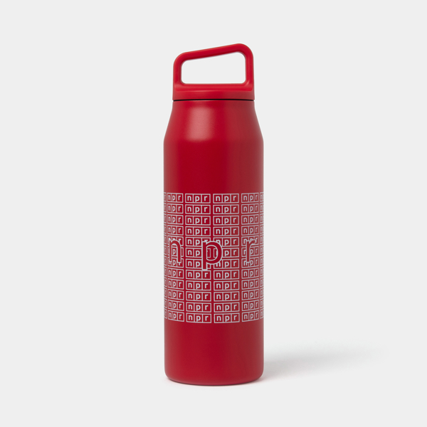 Red water bottle with twist off cap and NPR logo design