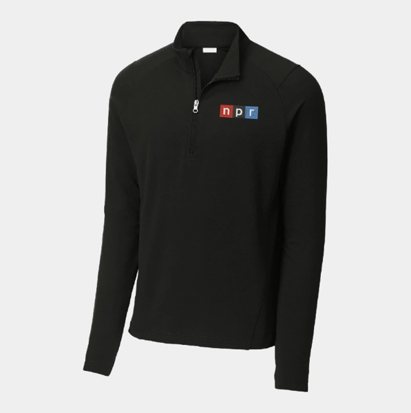 Black fleece 1/4 zip with the NPR logo embroidered on the left chest