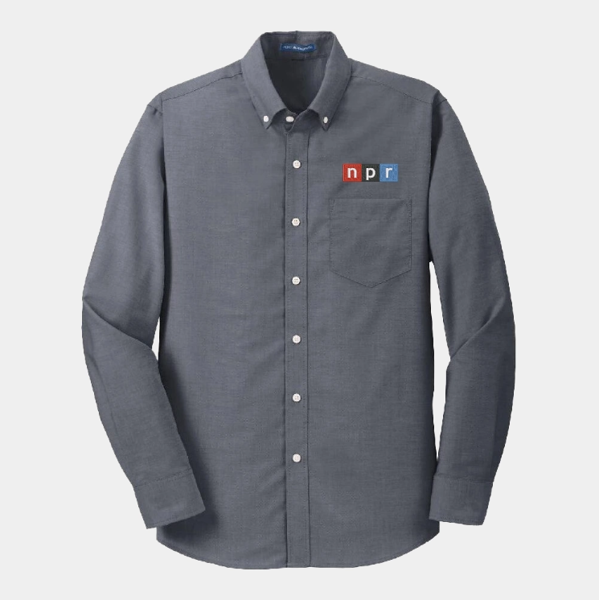 Black button down shirt with the NPR logo embroidered on the left chest