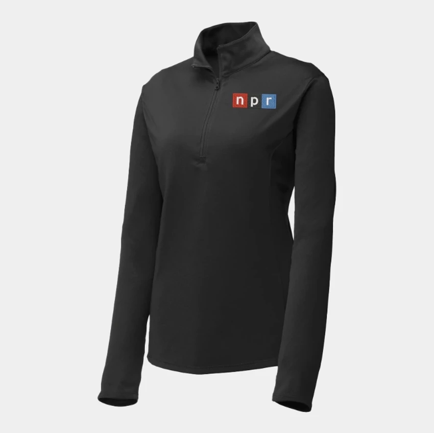 Black ladies 1/4 zip with the NPR logo embroidered on the left chest