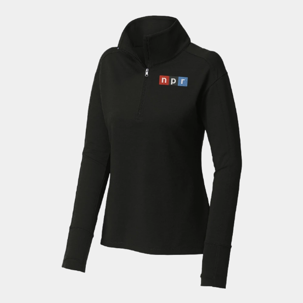 Black ladies fleece 1/4 zip with NPR logo embroidered on the left chest