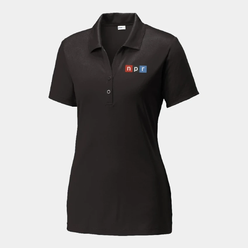 Ladies black polo with NPR logo embroidered on left chest