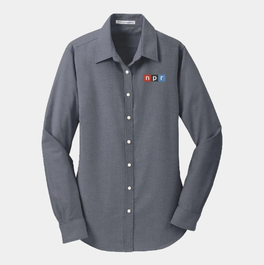 Black ladies button down with NPR logo embroidered on the left chest