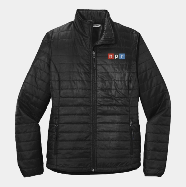 Black ladies puffer jacket with the NPR logo embroidered on the left chest