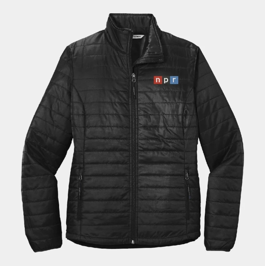 Black ladies puffer jacket with the NPR logo embroidered on the left chest