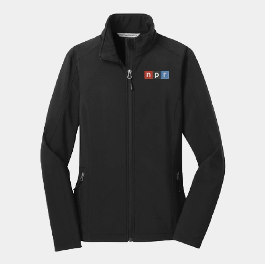 Black ladies soft shell jacket with NPR logo embroidered on left chest