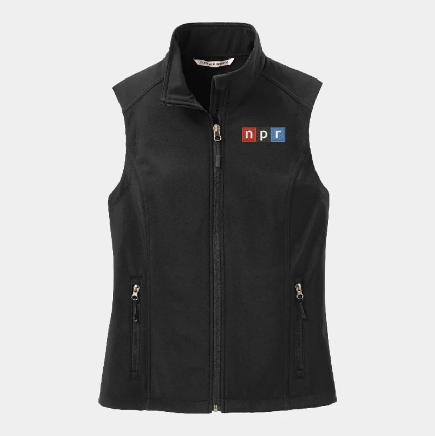 Black ladies soft shell vest with NPR logo embroidered on left chest