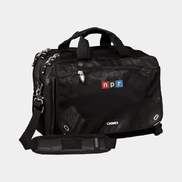 Black OGIO messenger with the NPR logo embroidered on the front