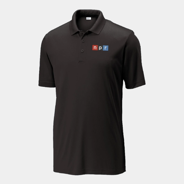 Black polo with NPR logo embroidered on left chest