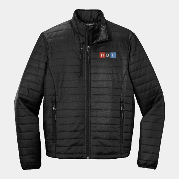 Black puffer jacket with the NPR logo embroidered on the left chest