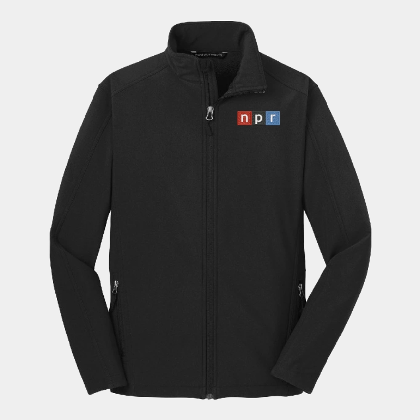 Black soft shell jacket with NPR logo embroidered on left chest