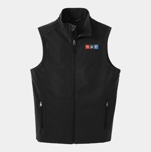 Black soft shell vest with the NPR logo embroidered on the left chest