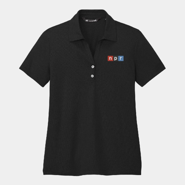 Black ladies polo with NPR logo embroidered on left chest