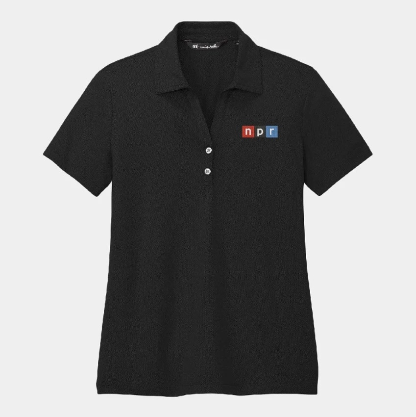 Black ladies polo with NPR logo embroidered on left chest