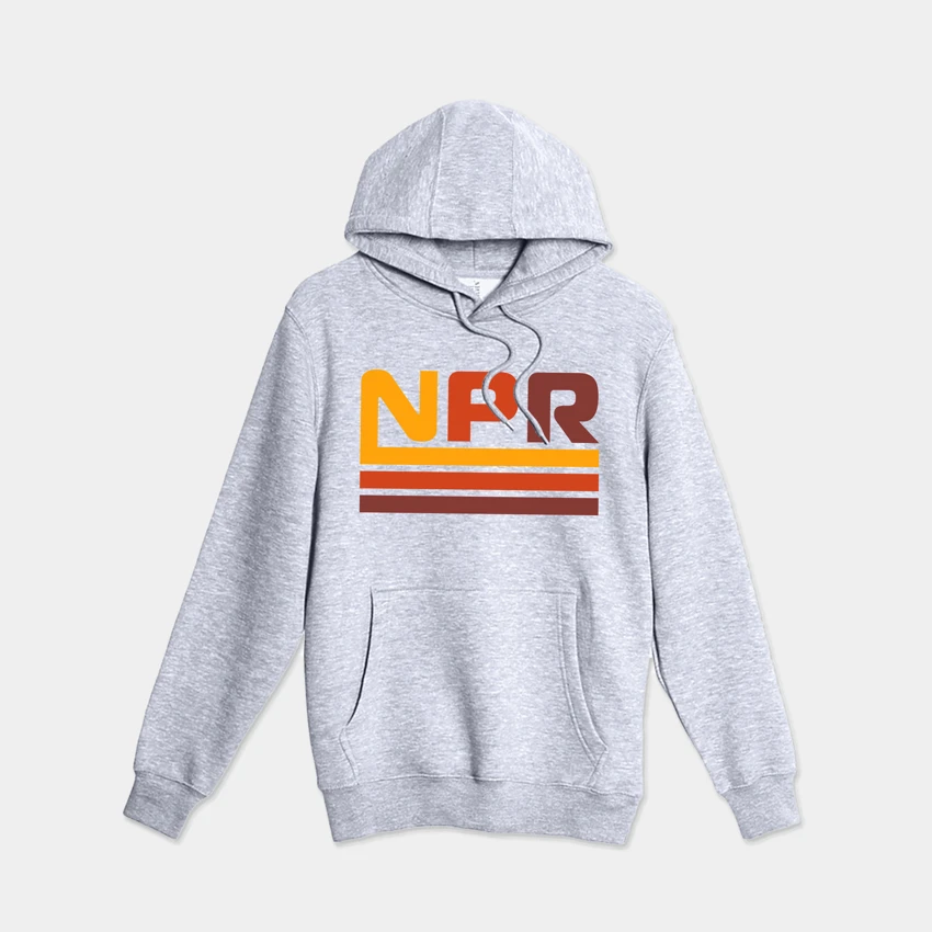 Grey hooded sweatshirt with NPR logo design