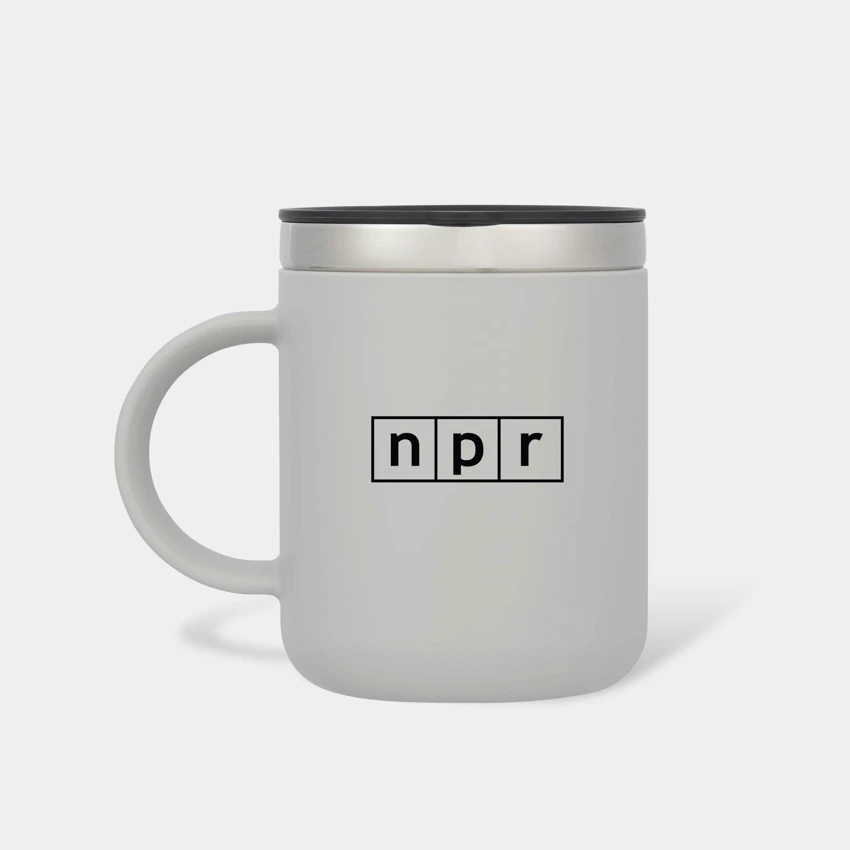 Grey Hydro Flask mug with NPR logo imprinted