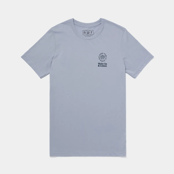 Light blue T-Shirt with Wake Up & Listen design and NPR logo