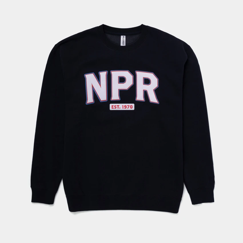 Image of a Vintage Navy Crewneck with NPR logo on it