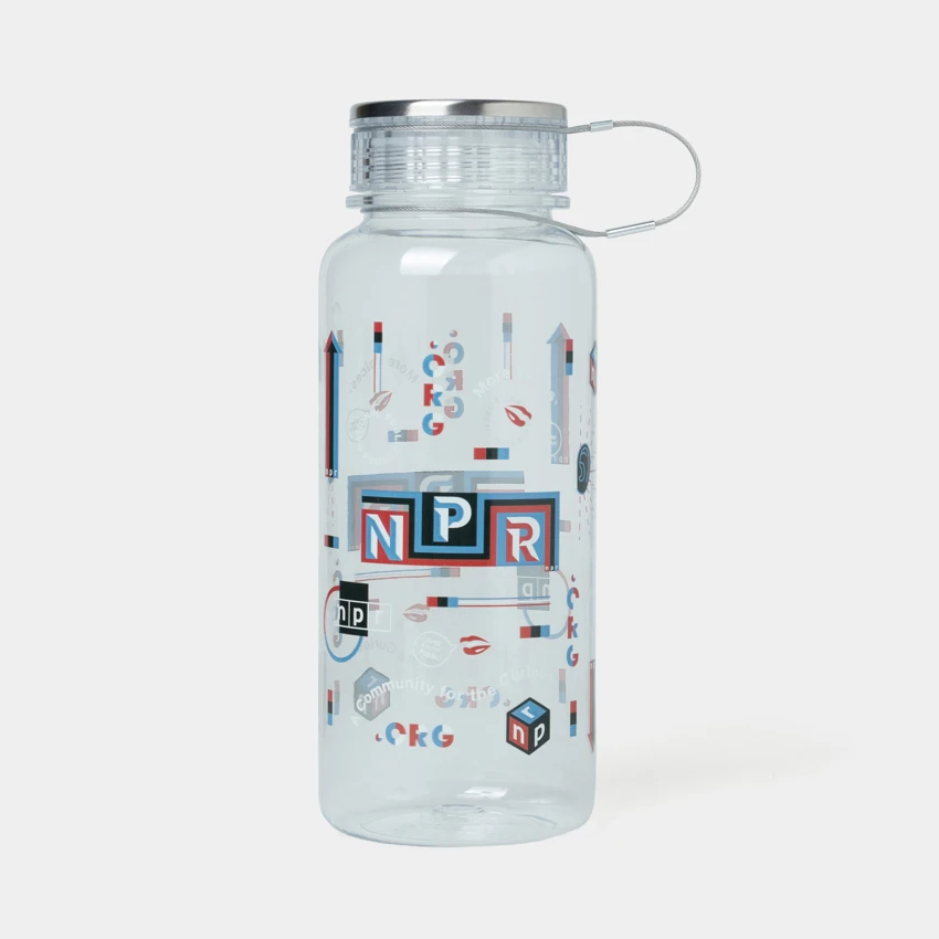 Clear water bottle with screw on lid with NPR design