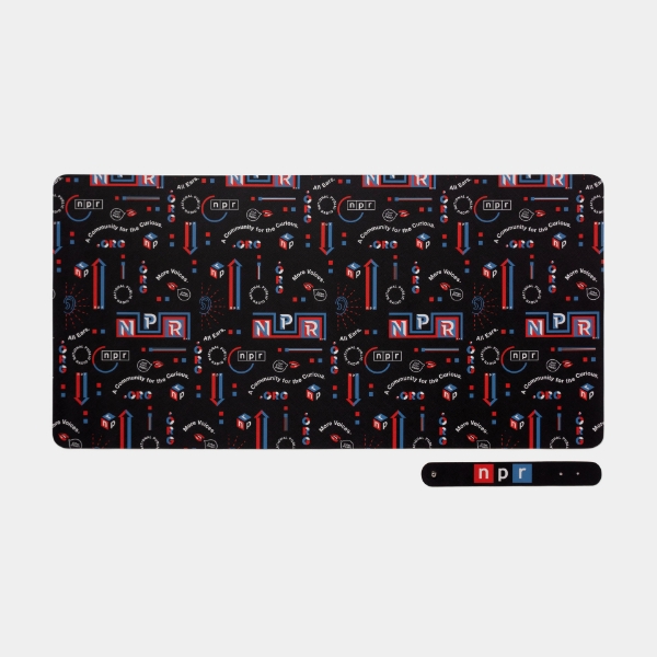 A black mousepad featuring the NPR logo and brand elements in a vibrant, geometric pattern.