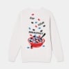 Image of the back of a white crewneck sweatshirt with an illustration of a cup of cereal and the script "eat your breakfast".