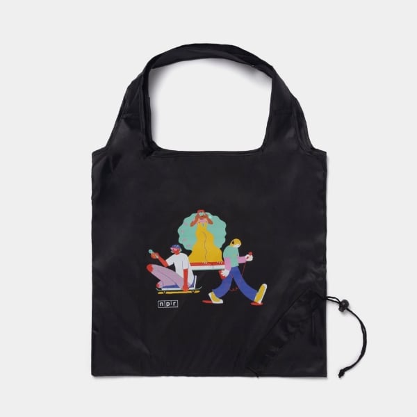 Black grocery tote with the NPR Student Podcast Challenge design