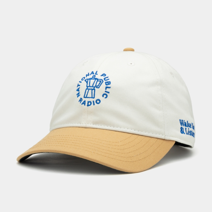 Grey and brown cap with the NPR Wake Up & Listen Design embroidered on the front